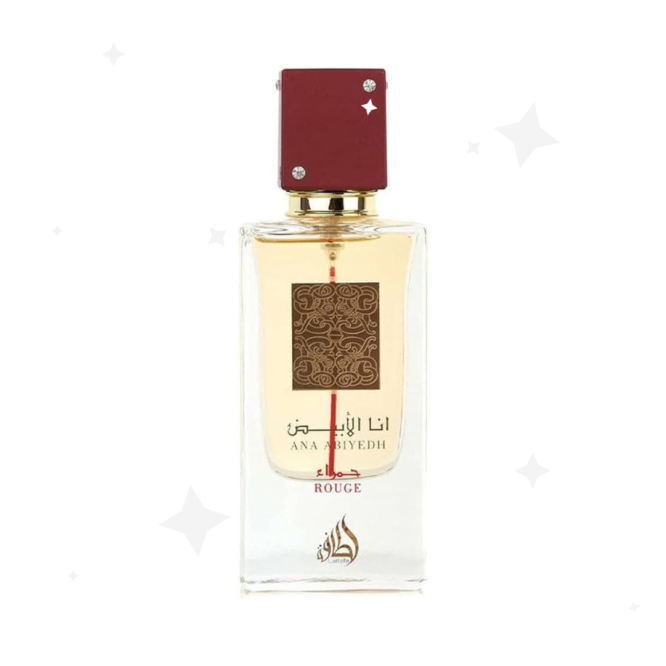 Lattafa Perfumes Ana Abiyedh Rouge Eau de Parfum 60ml Spray - a captivating fragrance blending floral and woody notes for an enchanting scent experience.