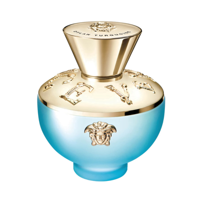 Versace Pour Femme Dylan Turquoise Eau de Toilette 50ml Spray bottle showcasing vibrant turquoise design