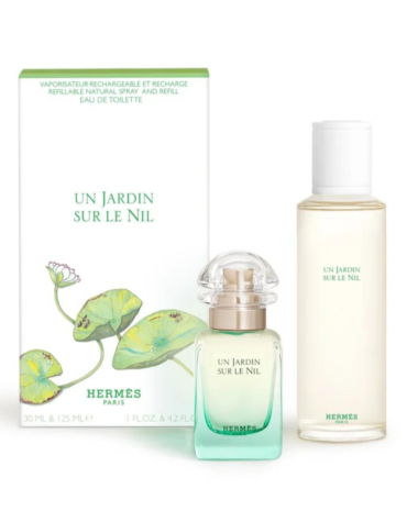 Elegant Hermès Un Jardin Sur Le Nil Gift Set featuring 30ml EDT and 125ml EDT refill. Ideal for fragrance lovers seeking a refreshing