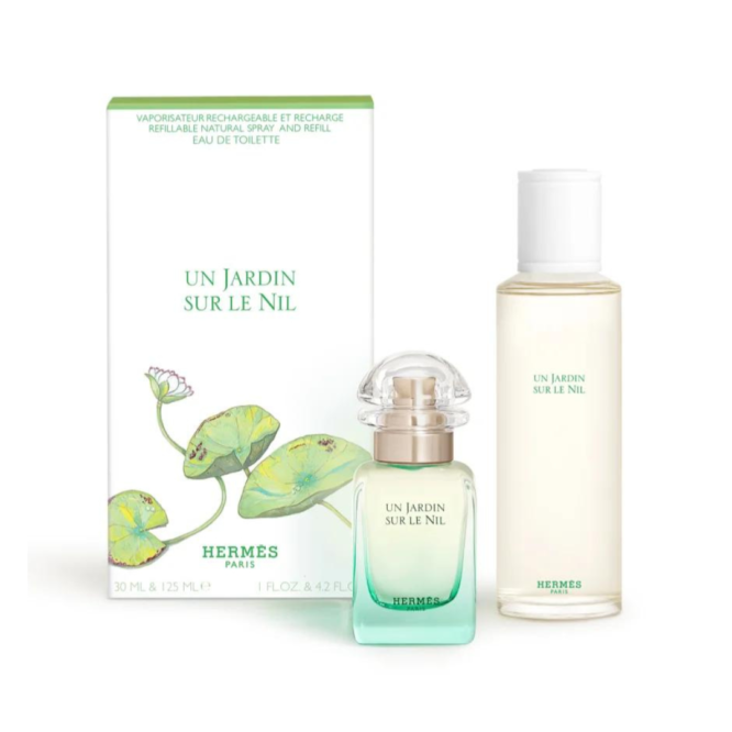 Elegant Hermès Un Jardin Sur Le Nil Gift Set featuring 30ml EDT and 125ml EDT refill. Ideal for fragrance lovers seeking a refreshing