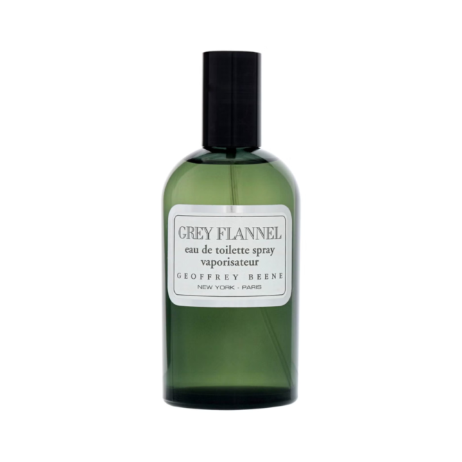 Geoffrey Beene Grey Flannel Eau de Toilette 120ml spray bottle showcasing a classic design. Ideal fragrance for men