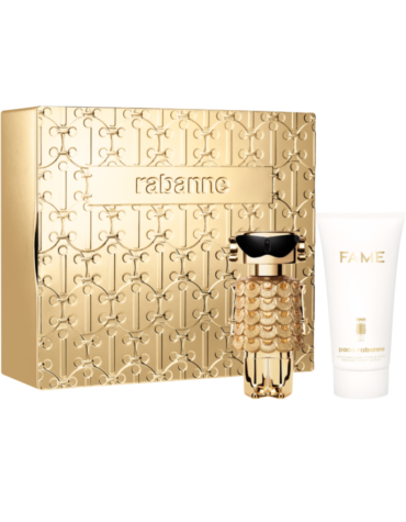 Discover the Paco Rabanne Fame Gift Set featuring a 50ml Eau de Parfum and a 75ml Body Lotion for a luxurious fragrance experience and silky skin.