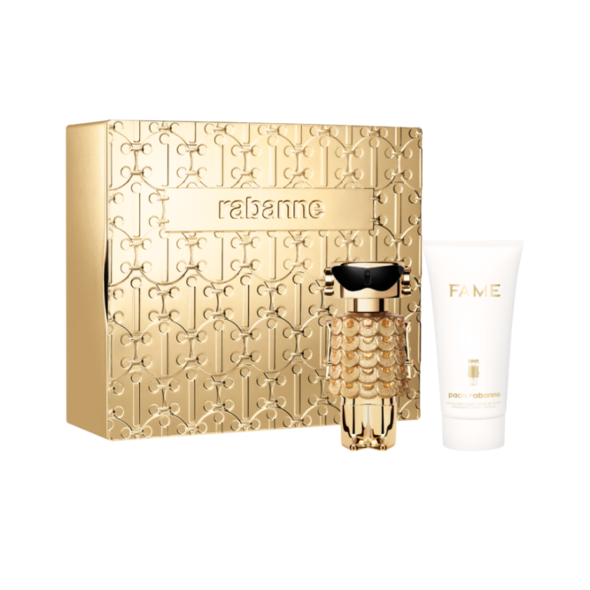 Discover the Paco Rabanne Fame Gift Set featuring a 50ml Eau de Parfum and a 75ml Body Lotion for a luxurious fragrance experience and silky skin.