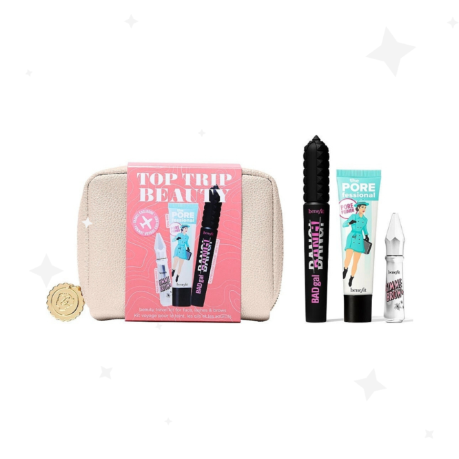 Benefit Top Trip Beauty Set featuring travel-sized essentials for flawless makeup