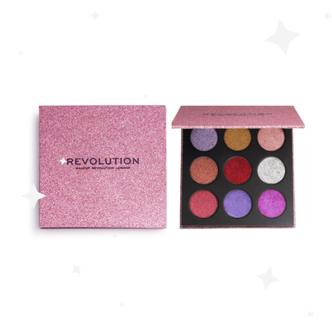 Makeup Revolution Pressed Glitter Eyeshadow Palette - Diva features 9 sparkling shades in 1.5g each