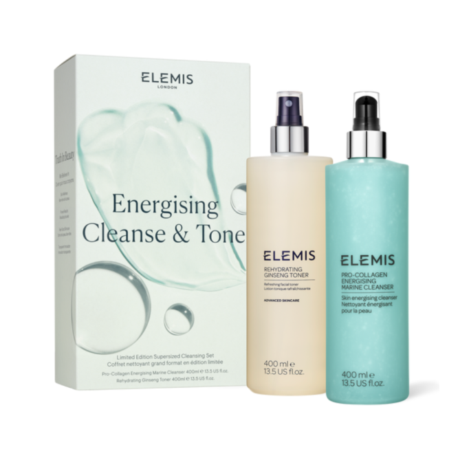 Elemis Energising Cleanse & Tone Duo: 400ml Rehydrating Ginseng Toner and Pro-Collagen Energising Marine Cleanser for refreshed