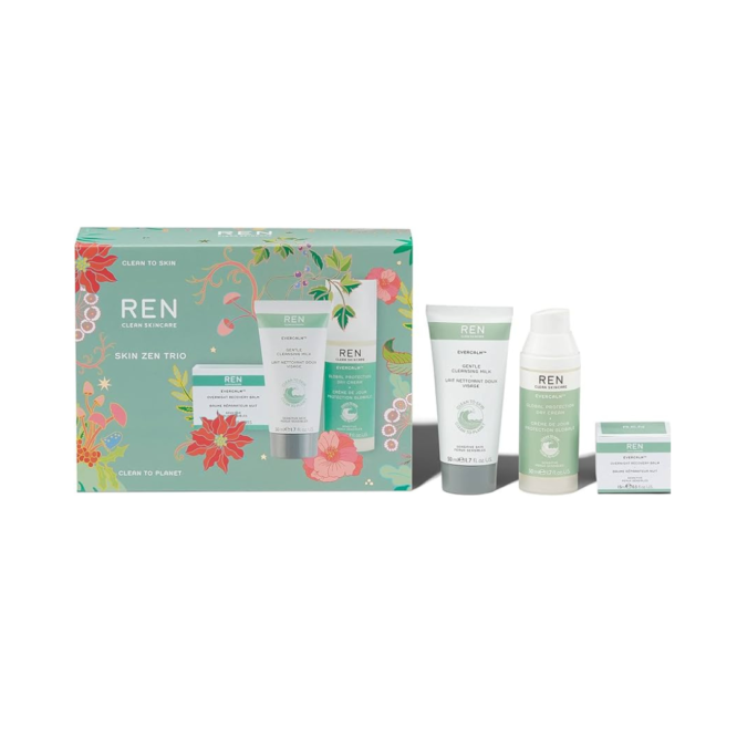 Ren Clean Skin Zen Trio Gift Set featuring 3 rejuvenating skincare products for a soothing and radiant complexion. Perfect for a thoughtful gift