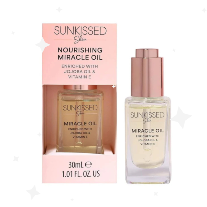 Sunkissed Nourishing Miracle Oil 30ml bottle showcasing radiant skin benefits and hydration. Ideal for enhancing natural glow and promoting healthy hair.