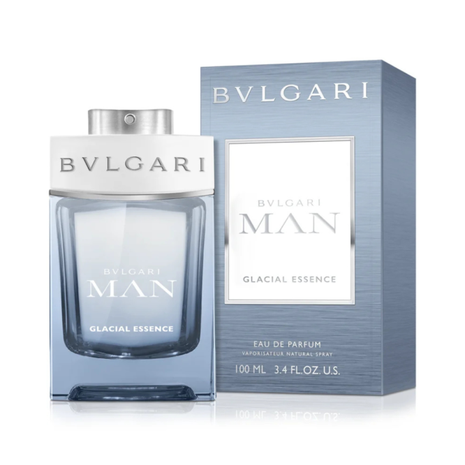 Elegant Bvlgari Man Glacial Essence Eau de Parfum 100ml spray showcasing a refreshing fragrance for men